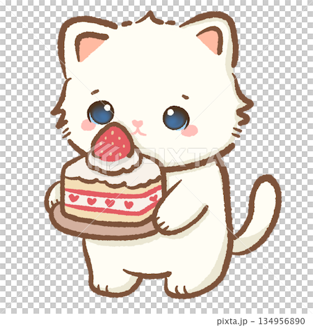 Cute white kitten holding a delicious strawberry shortcake with heart decorations adorable kawaii cat character illustration for celebration birthday and bakery cafe branding Cute white kitten holding a delicious strawberry shortcake with heart decorations adorable kawaii cat character illustration for celebration birthday and bakery cafe branding 134956890