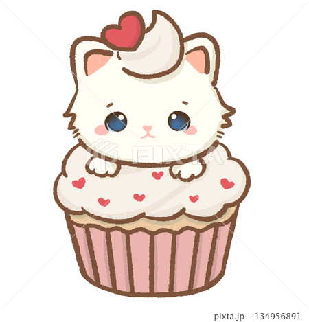 Adorable white kitten peeking out of a large pink cupcake with heart sprinkles and cream kawaii cat character illustration for birthday parties bakery and sweet treat designs Adorable white kitten peeking out of a large pink cupcake with heart sprinkles and cream kawaii cat character illustration for birthday parties bakery and sweet treat designs 134956891