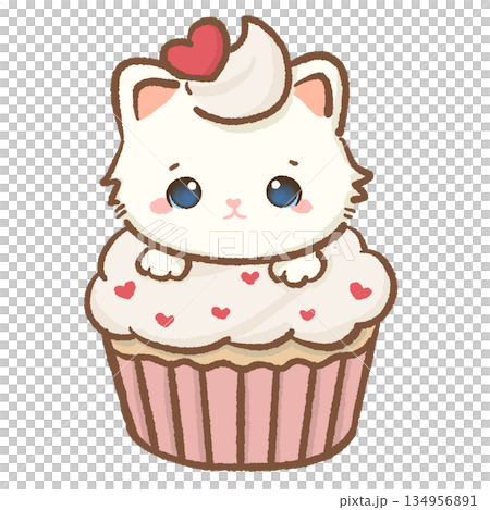 Adorable white kitten peeking out of a large pink cupcake with heart sprinkles and cream kawaii cat character illustration for birthday parties bakery and sweet treat designs Adorable white kitten peeking out of a large pink cupcake with heart sprinkles and cream kawaii cat character illustration for birthday parties bakery and sweet treat designs 134956891