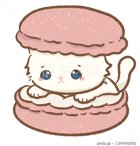 Cute white kitten peeking out from inside a giant pink macaron cookie adorable kawaii cat character illustration for sweet dessert lovers bakery cafe and pastry shop branding Cute white kitten peeking out from inside a giant pink macaron cookie adorable kawaii cat character illustration for sweet dessert lovers bakery cafe and pastry shop branding 134956892