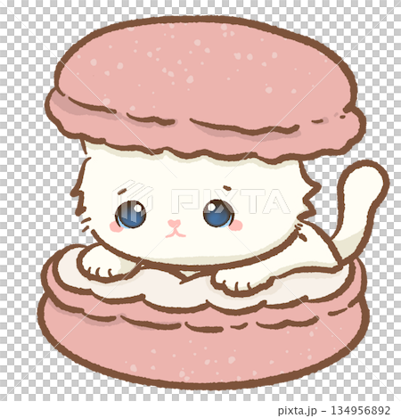 Cute white kitten peeking out from inside a giant pink macaron cookie adorable kawaii cat character illustration for sweet dessert lovers bakery cafe and pastry shop branding Cute white kitten peeking out from inside a giant pink macaron cookie adorable kawaii cat character illustration for sweet dessert lovers bakery cafe and pastry shop branding 134956892