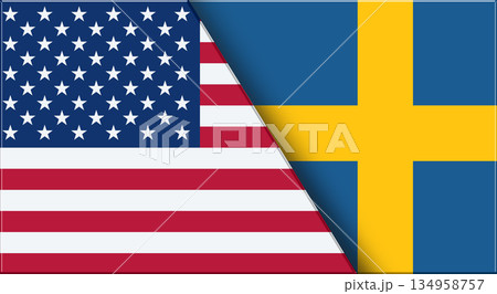 Flags of USA and Sweden. American and Swedish National flags on Fabric. 134958757