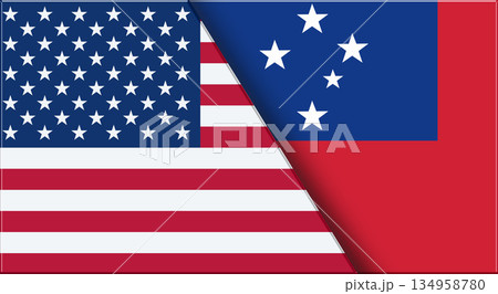 Flags of USA and Samoa. American and Western Samoa National flags on Fabric 134958780