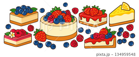 Set of various cheesecakes with vibrant fruits. Assortment of cheesecakes with lemon, strawberries, blueberries and raspberries, garnished with fresh leaves, isolated on white background 134959548