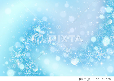 Winter background with white pattern of falling snowflakes, sparkles and blurred bokeh. Vector light blue holiday sky with frosty crystals and stars. Christmas decorative border. Winter background with white pattern of falling snowflakes, sparkles and blurred bokeh. Vector light blue holiday sky with frosty crystals and stars. Christmas decorative border. 134959620