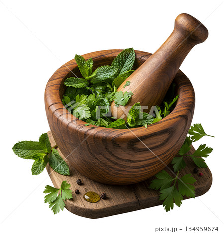 Fresh rosemary and thyme in a traditional wooden mortar and pestle, isolated on transparent background, for cooking, natural remedies, herbalism 134959674