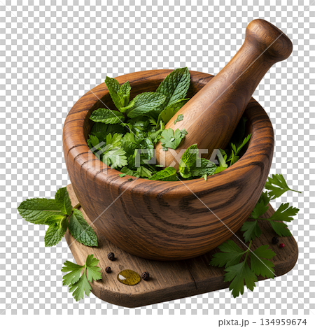 Fresh rosemary and thyme in a traditional wooden mortar and pestle, isolated on transparent background, for cooking, natural remedies, herbalism 134959674