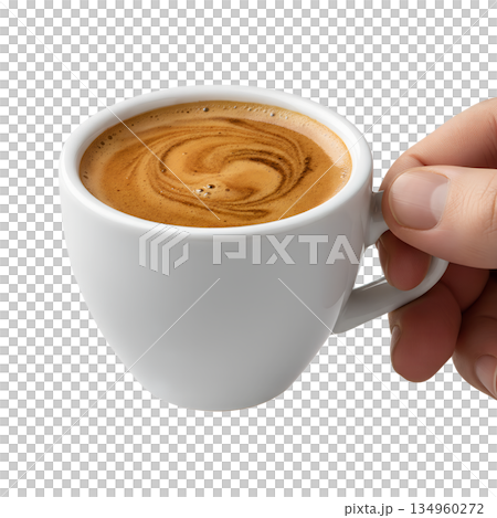 Hand holding a simple white mug of freshly brewed coffee with rich crema on top, isolated. Perfect for morning rituals and cafe concepts Hand holding a simple white mug of freshly brewed coffee with rich crema on top, isolated. Perfect for morning rituals and cafe concepts 134960272