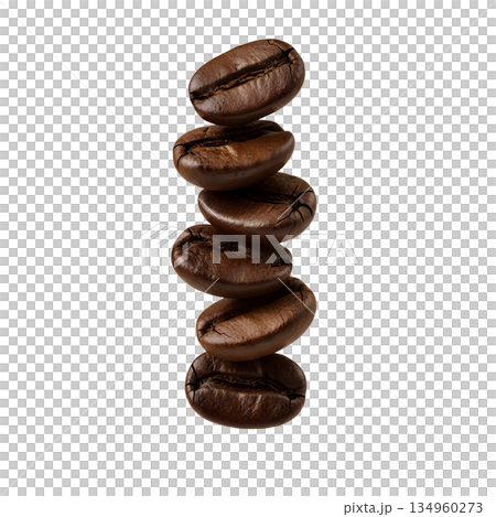 Neat stack of roasted coffee beans on a transparent background, perfect for labels, packaging mockups, and digital design layouts Neat stack of roasted coffee beans on a transparent background, perfect for labels, packaging mockups, and digital design layouts 134960273