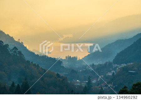 Vila do Geres and the Canicada Dam reservoir in the Peneda-Geres National Park at Sunset. Portugal 134960292