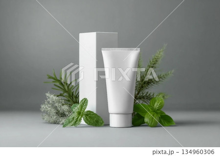 I need a mockup stage of a tall cosmetic box with a cosmetic tube next to it, all white and surrounded by natural elements such as a branch of forever, another of peppermint, rosemary leaves, and othe 134960306