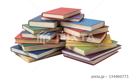 Pile of colorful hardcover books stacked randomly and isolated on a white background. Education and learning concept with multicolored book covers, knowledge, reading, study, library, school and 134960771