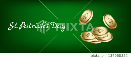 St Patricks Day banner with green gradient and gold coins with clover 134960823