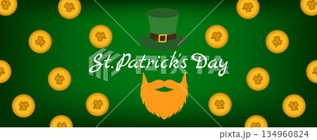 St Patricks Day banner with green gradient gold coins beard and hat 134960824
