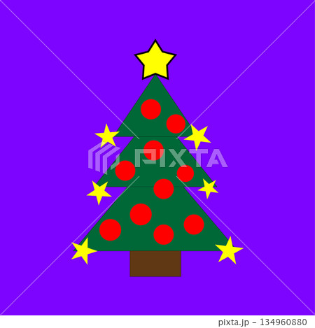 Christmas tree Vector. Star ornament detail. Red circle decoration. Bright purple background. 134960880