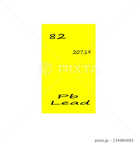Lead element illustration. Eighty two atomic number. Chemical symbol Pb. Yellow Vector background. 134960893