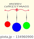 Merry Christmass greeting. Holiday ornaments illustration. Three hanging baubles. Vector colorful elements. 134960900