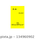 Sulfur element icon. Sixteen number. Thirty two mass. Vector periodic table. 134960902