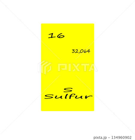 Sulfur element icon. Sixteen number. Thirty two mass. Vector periodic table. 134960902