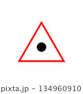 Warning sign icon. Black circle symbol. Red triangle outline. Vector road illustration. 134960910