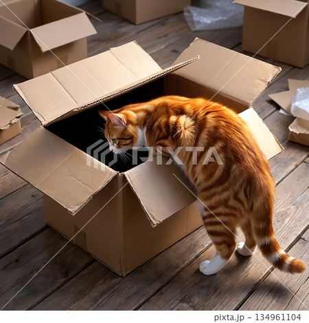 段ボール箱の中を覗くねこ。 134961104