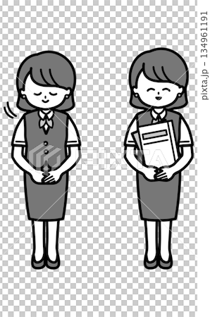 Set of illustrations of office staff women holding documents and bowing black and white set 134961191