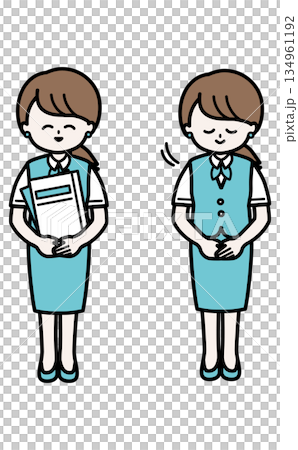 Set illustration of female office staff holding documents and bowing Set illustration of female office staff holding documents and bowing 134961192