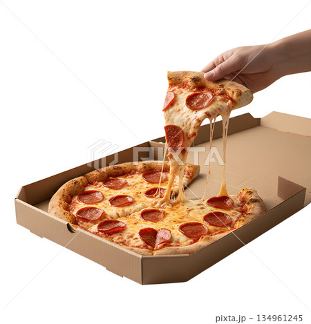 Single hand lifting hot, cheesy slice of pepperoni pizza directly from a classic cardboard takeout box, evoking delivery and family meals Single hand lifting hot, cheesy slice of pepperoni pizza directly from a classic cardboard takeout box, evoking delivery and family meals 134961245