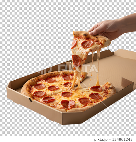 Single hand lifting hot, cheesy slice of pepperoni pizza directly from a classic cardboard takeout box, evoking delivery and family meals Single hand lifting hot, cheesy slice of pepperoni pizza directly from a classic cardboard takeout box, evoking delivery and family meals 134961245