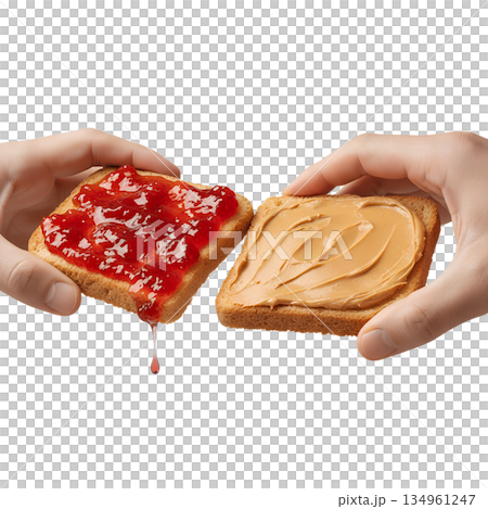 Hands holding toasts, one with peanut butter and one with jam, isolated. Perfect for easy snack ideas, kids' lunches, or food blogs 134961247