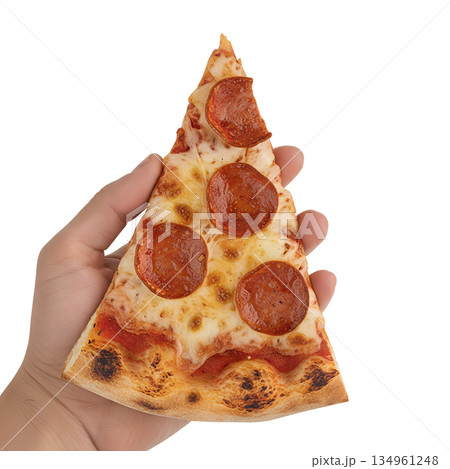 Close-up of hand holding slice of pepperoni pizza, representing delicious, melted satisfaction Close-up of hand holding slice of pepperoni pizza, representing delicious, melted satisfaction 134961248