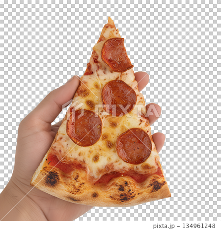 Close-up of hand holding slice of pepperoni pizza, representing delicious, melted satisfaction Close-up of hand holding slice of pepperoni pizza, representing delicious, melted satisfaction 134961248