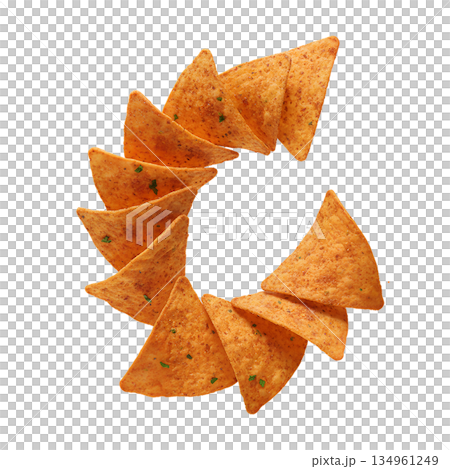 Crispy, golden yellow tortilla chips isolated on transparent background. Perfect for mexican food, nachos, dips, and snack packaging Crispy, golden yellow tortilla chips isolated on transparent background. Perfect for mexican food, nachos, dips, and snack packaging 134961249