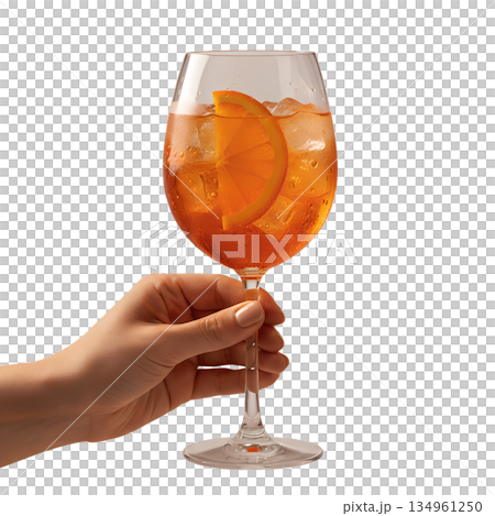 Hand holding stylish aperol spritz cocktail in a wine glass, with orange slice and ice, perfect for summer, brunch, or italian aperitivo concepts Hand holding stylish aperol spritz cocktail in a wine glass, with orange slice and ice, perfect for summer, brunch, or italian aperitivo concepts 134961250