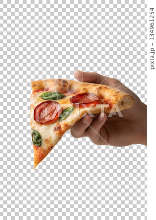 Food shot of a hand lifting a perfect slice of pepperoni pizza with gooey melted cheese, ideal for delivery or restaurant ads 134961254