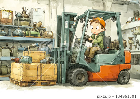 工場でフォークリフトを操作する作業員｜物流・倉庫作業の仕事イメージ 134961301
