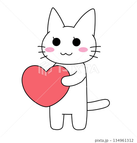 大きなハートを抱えて照れる白い猫のイラスト 大きなハートを抱えて照れる白い猫のイラスト 134961312