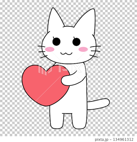 一隻害羞的白貓抱著一顆大大的心。 134961312