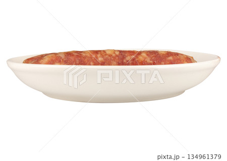 Thai pork sausage on a white plate against a white background Thai pork sausage on a white plate against a white background 134961379