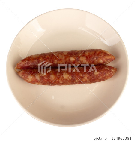 Thai pork sausage on a white plate against a white background 134961381