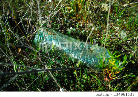 Crushed plastic bottle lying on green grass in nature 134961535