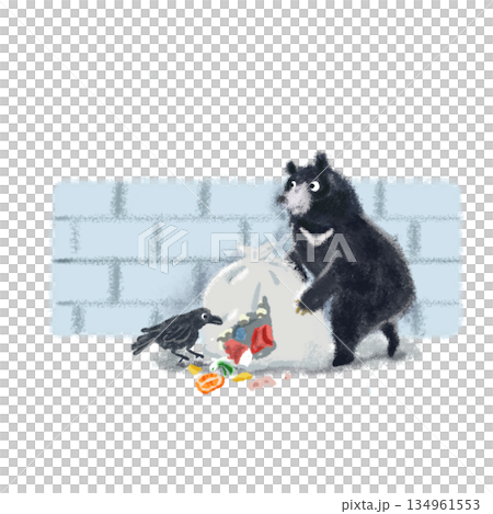 住宅地でゴミをあさるクマのイラスト 134961553