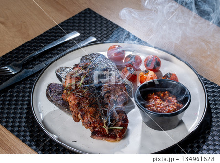 Grilled Steak With Vegetables And Sauce Grilled Steak With Vegetables And Sauce 134961628
