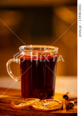 Glass of mulled wine with spices Glass of mulled wine with spices 134961681