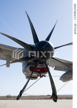 Turboprop propeller assembly close-up on military transport aircraft 134962006