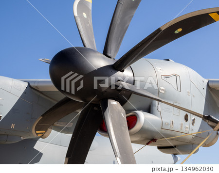 Propeller system detail of turboprop transport aircraft Propeller system detail of turboprop transport aircraft 134962030