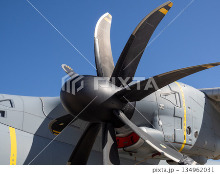 Propeller and engine nacelle detail of military airlifter 134962031