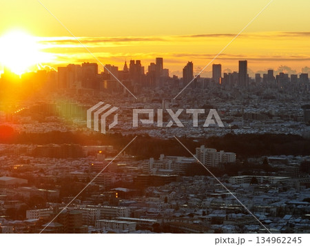 ＜空撮＞雪の降った朝の新宿高層ビル群 134962245