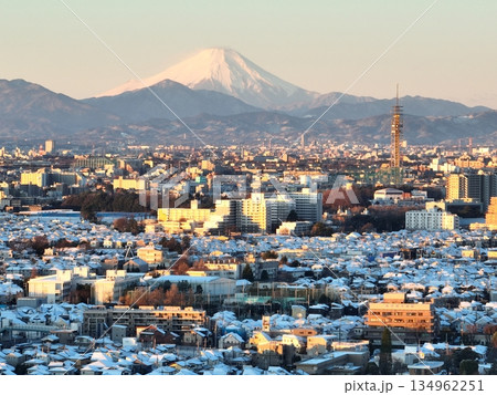 <空撮>雪の降った夜明けの都心と白い街を見下ろす富士山 <空撮>雪の降った夜明けの都心と白い街を見下ろす富士山 134962251