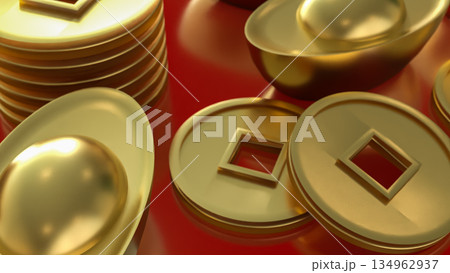 Luxury Golden Chinese Ingots and Coins on Red Background 3d render. 134962937